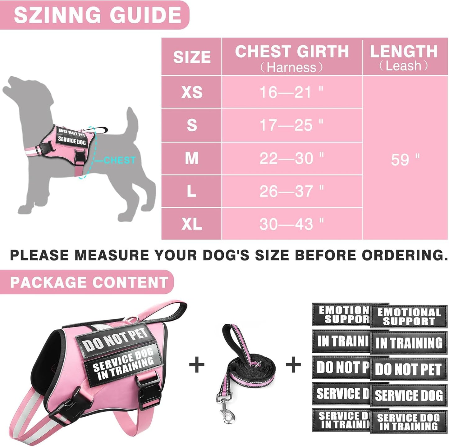 Service Dog Vest Harness and Leash Set+10 Patches,No Pull&Easy Walk Reflective Dog Harness with Soft Padded Handle for Training/Everyday,Fit Small/Medium/Large/Extra-Large Dogs(Pink M)