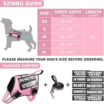 Service Dog Vest Harness and Leash Set+10 Patches,No Pull&Easy Walk Reflective Dog Harness with Soft Padded Handle for Training/Everyday,Fit Small/Medium/Large/Extra-Large Dogs (Pink XL)