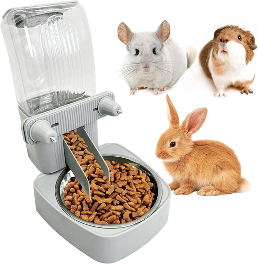 54 oz Rabbit Food Dispenser with Stainless Steel Food Bowl Hanging Gravity Bunny Feeder for Cage Automatic Small Animal Feeding Bowls for Ferret Guinea Pig Chinchilla Cat Puppy