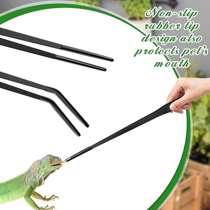 Lasnten 2 Pcs Extra Long Stainless Steel Reptile Feeding Tongs with Rubber Tip Bearded Dragon Aquarium Straight and Curved Long Tweezer Terrarium Feeder Tool for Tank (18.5 Inch, 18.9 Inch,Black)