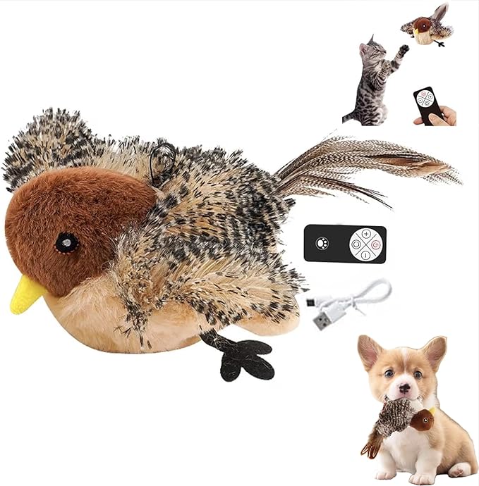 Realistic Cat Toys, Rechargeable Interactive Flappy Bird, Flapping Bird Sparrow, Touch Activated Kitten Toy Cat Exercise Toys, Simulated Chirping Moving Bird Catnip Toys
