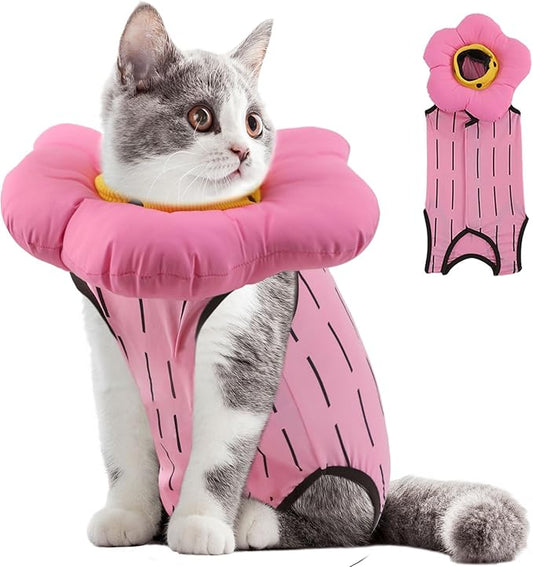 EMUST 2PCS Cat Recovery Suit and Cat Cone Collar Female, Cotton Breathable Cats Spay Recovery Suit, Adjustable Cute Flower Neck for Cats 8-16lb(Pink, L)