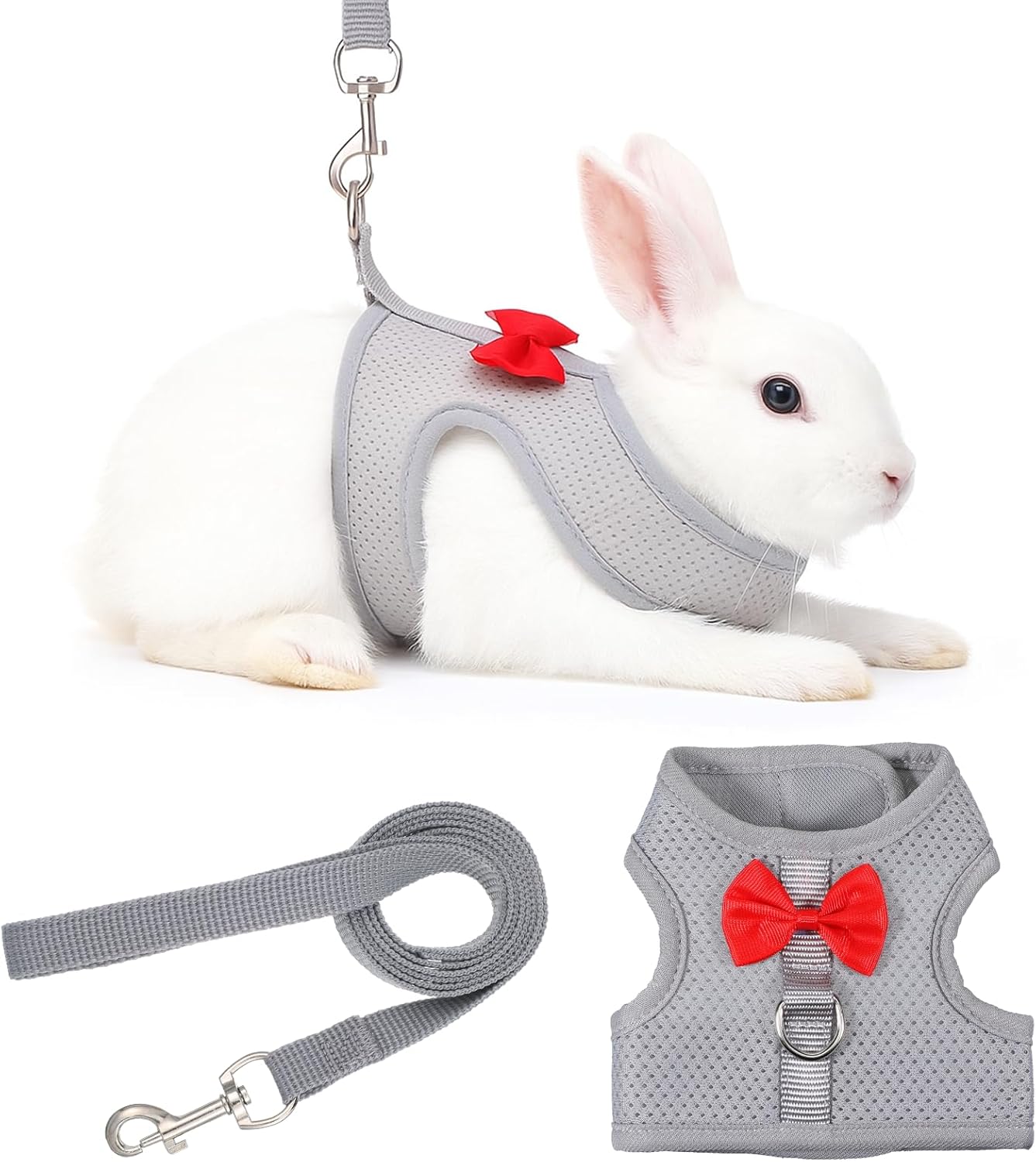 Rabbit Harness and Leash Set with a Cute Bow, Soft Mesh Vest-Style Carrier, Adjustable Rabbit Vest, Suitable for Rabbits, Kittens, Ferrets, Miniature Pigs, and Puppies, Gray Size M