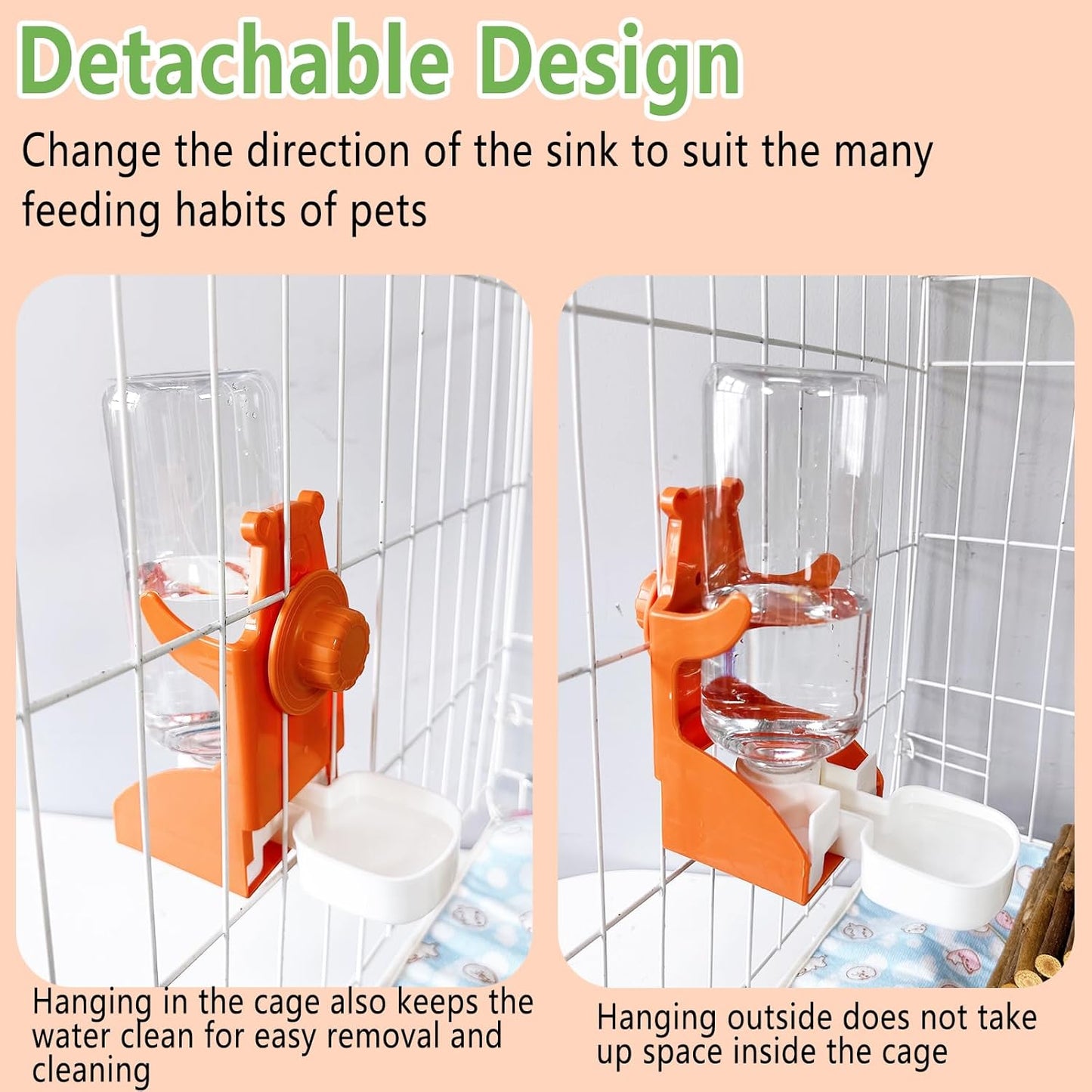 Hamiledyi Rabbit Hay Feeder 500ml Hanging Gravity Water Dispenser Guinea Pig Grass Rack Water Bottle Set for Bunny Ferret Chinchilla(Green&Orange)