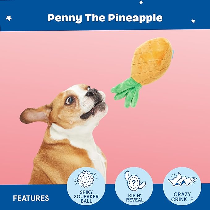 Barkbox Dog Toy 2 in 1 Interactive, Plush Exterior with Squeaker & Crinkle Material, Tearable Dog Toy with Squeaky Spikey Ball Inside, Ideal for Toy Destroyers - Penny The Pineapple, Large
