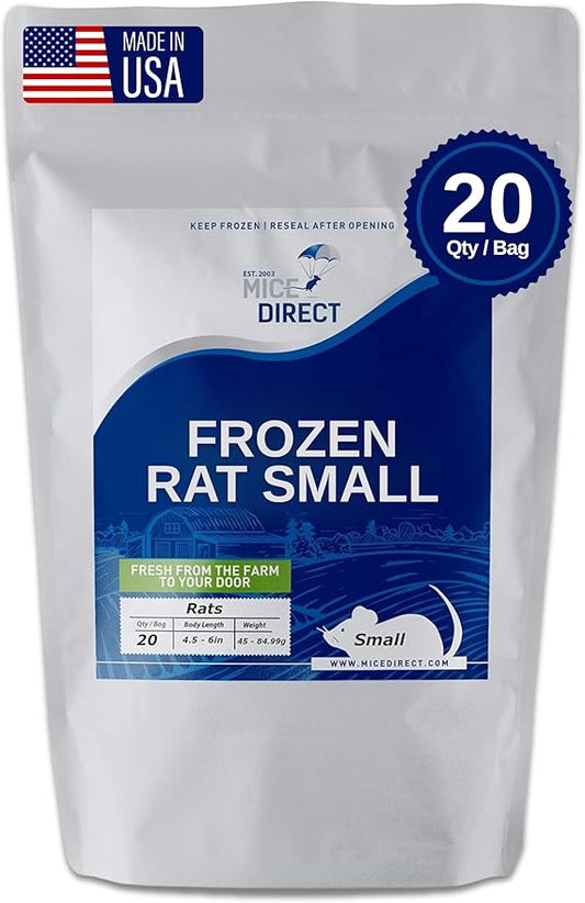 MiceDirect EST. 2003 20 Frozen Rat Small Feeders Snake Food for Adult Ball Pythons Adult Red Tail Boas Monitors Lizards (4.5-6 in)(No Flavoring)
