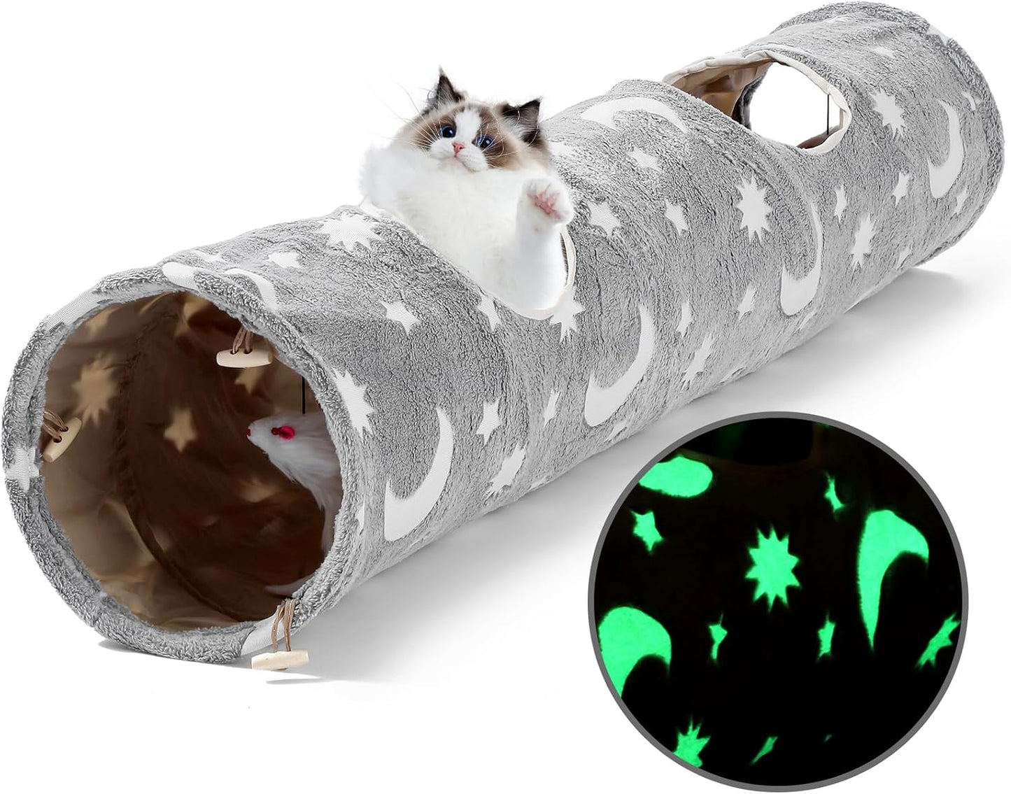 Cat Tunnels for Indoor Cats with Plush Toys Glows in The Dark Dog Cat Tunnel Tube Toys Photoluminescent for Indoor Cats Small Dogs Puppy Kitten Rabbit Bunny Ferret Pet Gray