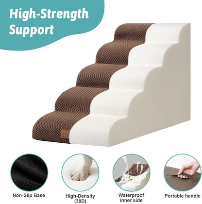 Extra Wide Dog Stairs 19.7" Width, Large Pet Step for Small Medium Dog, Puppy or Cat, Ramp for High Bed or Car, High Density Foam Ladder, Stable, 5 Step, 19.7x33x22.4 inch, Brown