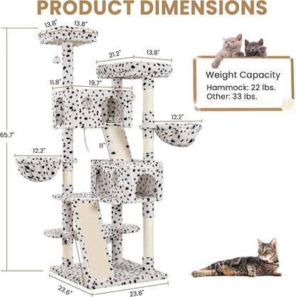 SHA CERLIN 65in Larger Cat Tree Tower Condo for Indoor Kitties/Multi-Level Furniture Activity Center with Wide Base/Cozy Plush Perches/Baskets/Sisal Scratching Posts and Hammock/White & Black Spot