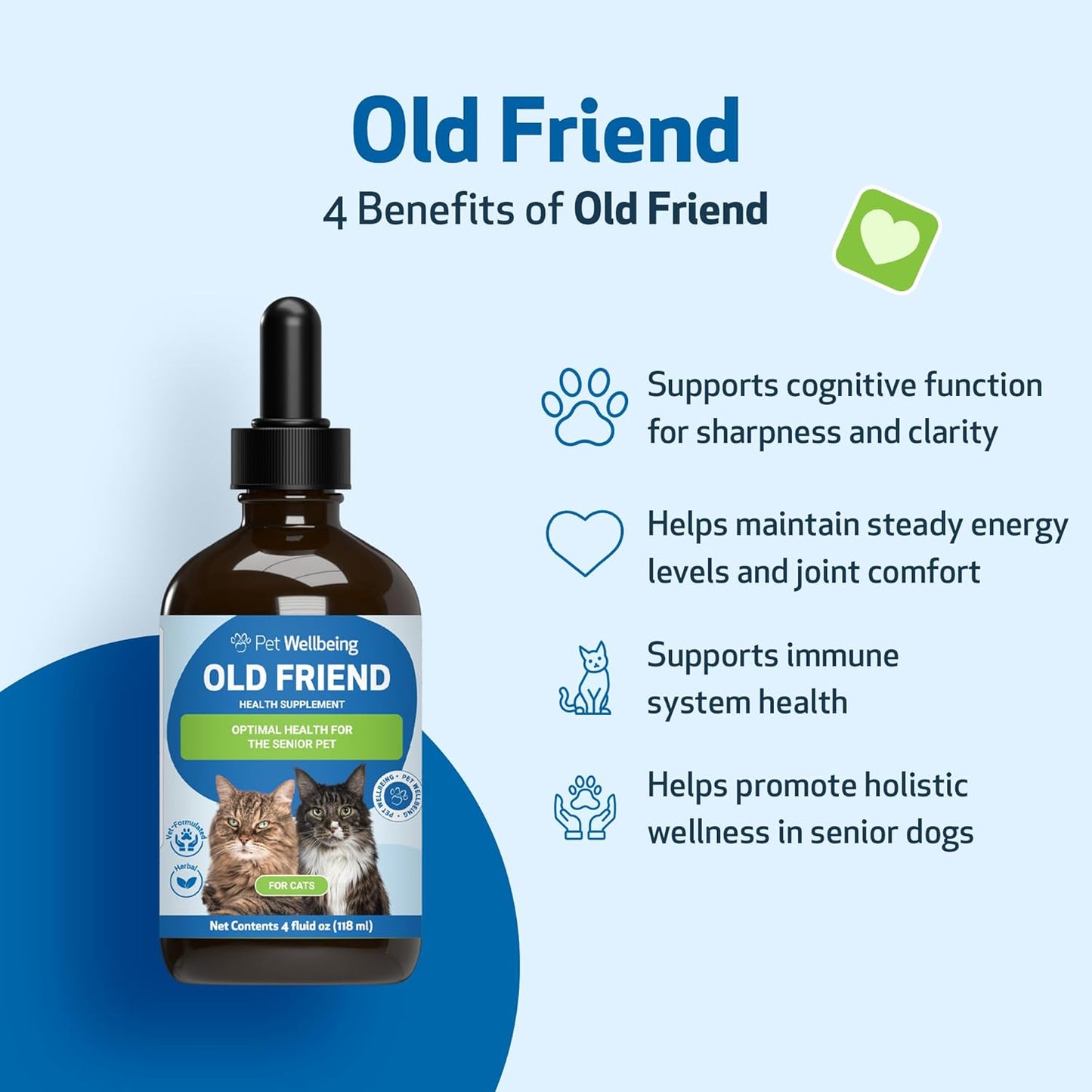 Pet Wellbeing Old Friend for Senior Cats - Supports Immune System Health, Joint Mobility, Healthy Energy Levels, Alfalfa, Reishi - Veterinarian-Formulated Herbal Supplement 4 oz (118 ml)