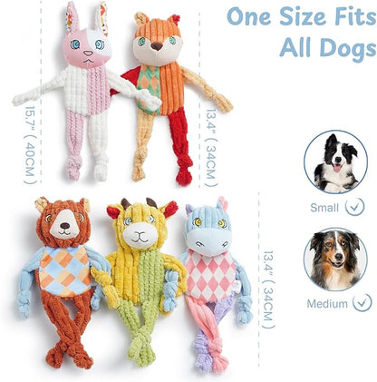Nocciola Stuffless Squeaky Dog Toys 5 Pack, Body No Stuffing Small Dog Toy Variety Colors Animal Plush Puppy Toys with Squeaker Crinkle Sound to Keep Them Busy