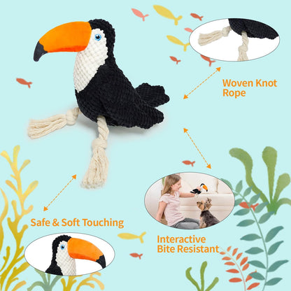 4-Pack Squeaky Dog Toys for Small Medium Large Dogs Interactive Rope Plush Dog Toys Set Flamingo, Parrot, Toucan, Owl Stuffed Puppy Toys for Teething, Anxiety Relief Perfect for Aggressive Chewers