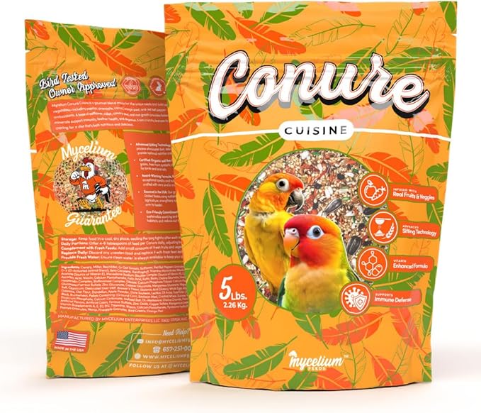 Mycelium Organic Conure Cuisine (5 LB Bag) | Fruit & Veggie Bird Seed w/Added Vitamins | Balanced Daily Nutrition for Immunity & Feather Health | Non-GMO, No Fillers or Additives, Made in USA