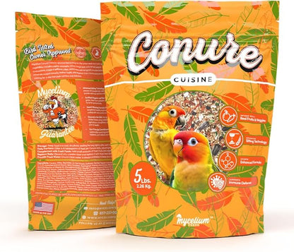 Mycelium Organic Conure Cuisine (5 LB Bag) | Fruit & Veggie Bird Seed w/Added Vitamins | Balanced Daily Nutrition for Immunity & Feather Health | Non-GMO, No Fillers or Additives, Made in USA