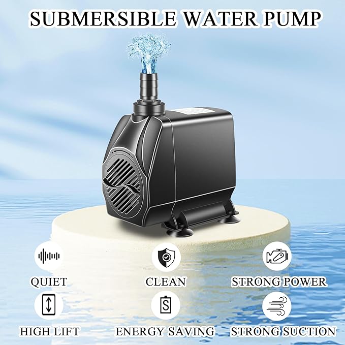 Submersible Pump, Small Fountain Pump with Tubing, Submersible Water Pump for Aquarium Fish Tank Indoor or Outdoor Pond Fountain Hydroponics Statuary (80W 1700GPH, No Led Light)