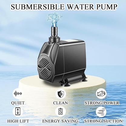 Submersible Pump, Small Fountain Pump with Tubing, Submersible Water Pump for Aquarium Fish Tank Indoor or Outdoor Pond Fountain Hydroponics Statuary (80W 1700GPH, No Led Light)