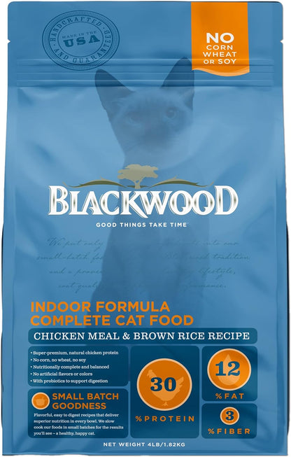 Blackwood Dry Cat Food, Indoor Formula, Chicken Meal & Brown Rice Recipe, 4 Pound Bag, High Protein, Slow Cooked