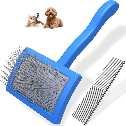 2PCS Slicker Brush for Dogs & Pet Comb,Professional Dog Grooming Brush (Goldendoodles,Poodles,Labradoodles) with Extra Long Pins to Effectively Remove Tangles, Knots and Mats (Blue Medium)