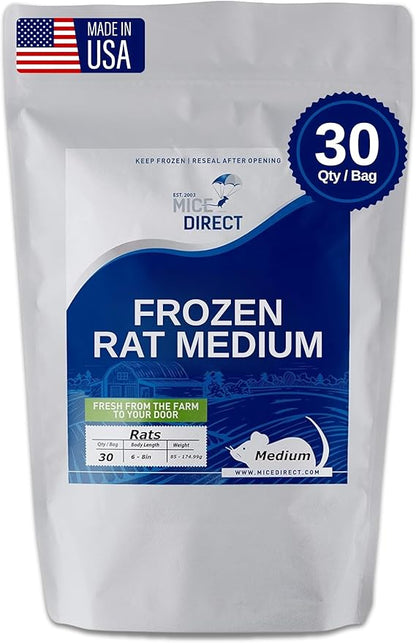 MiceDirect 30 Premium Frozen Rat Medium Feeders Snake Food for Juvenile Ball Pythons Monitors Lizards (30 Count)(6-8 in)(2550 Grams Min)