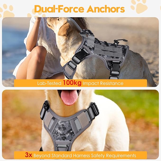 Heavy-Duty Tactical Dog Harness for Large Dogs, No Pull Adjustable Reflective Pet Vest with Molle System, K9 Military-Grade Control for Service Training, Outdoor & 10+ Breeds, Gray Camo, Medium