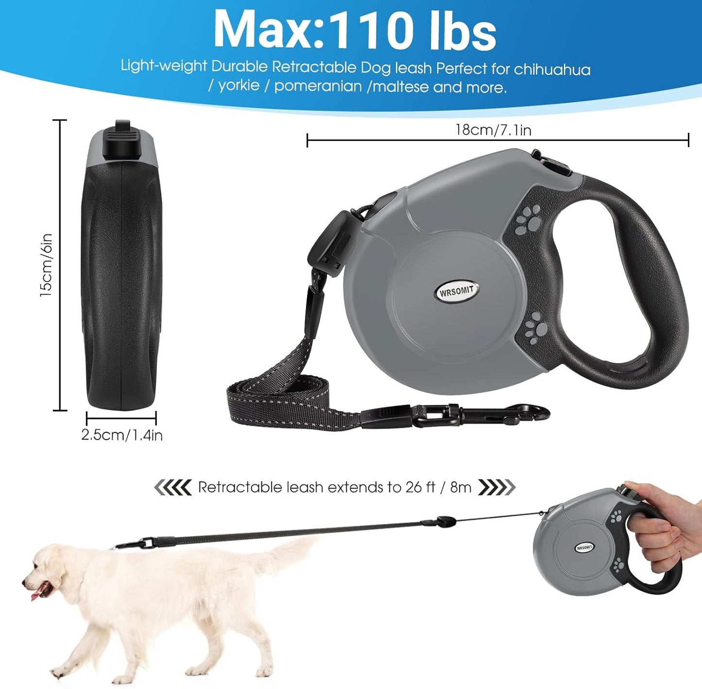 Retractable Dog Leash, 26 Ft Heavy Duty Pet Walking Leash for Small Medium Large Dogs up to 99lbs, Anti-Slip Handle, 360 ° No Tangle, Nylon Tape, One-Handed Brake (Grey)