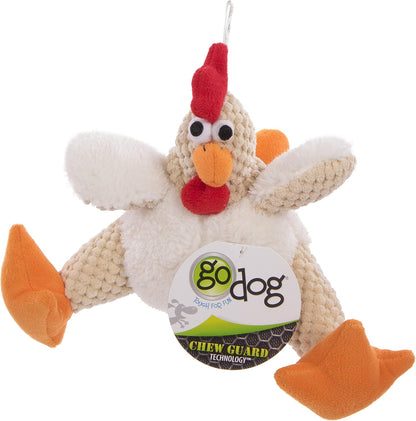 goDog Checkers Fat Rooster Squeaky Plush Dog Toy, Chew Guard Technology - White, Small