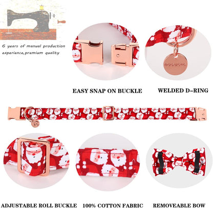 DOGWONG Christmas Dog Collar with Bow tie, Red Santa Claus Dog Collar Soft Durable Adjustable Cotton Puppy Collar for Small Medium Large Dog