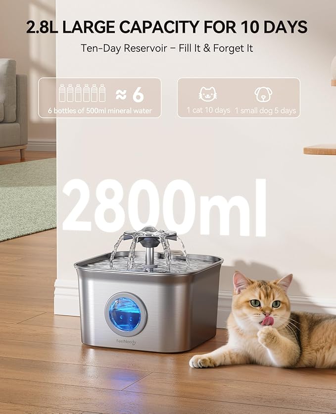 Stainless Steel Cat Water Fountain for Drinking with 3 Filters, 2.8L Auto Pet Drinking Fountain for Cats with 20dB Ultra-Quiet Pump, 24/7 Circulation Filtration LED Water Level Window Dishwasher Safe