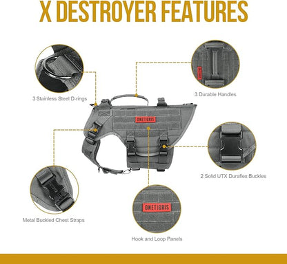 OneTigris Large Tactical Dog Harness, No Pulling Adjustable Dog Vest Harness, Heavy Duty X Destroyer Dog Harness with Handle, Large Hook and Loop Panels for Patch