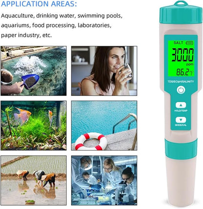 Aquarium Salt Tester -Pool Salt Tester, Versatile 5 in1 Salinity, PH, TDS, EC, and Temperature Meter, Digital Salinity Tester for Saltwater Aquarium, Accurate Salinity Meter,Green