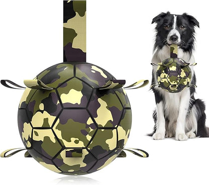 QDAN Dog Toys Soccer Ball, Interactive Toys for Tug of War, Dog Water Toy, Durable Dog Balls for Medium Large Dogs, Camouflage(8 inch)