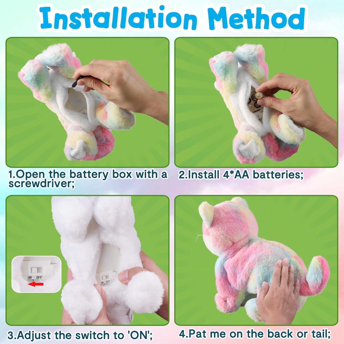 Colorful Robot Kitty Plush Toy, Interactive Meow Kitten, Electronic Pet, Animated Toy Cats for Girls & Kids, L:12"