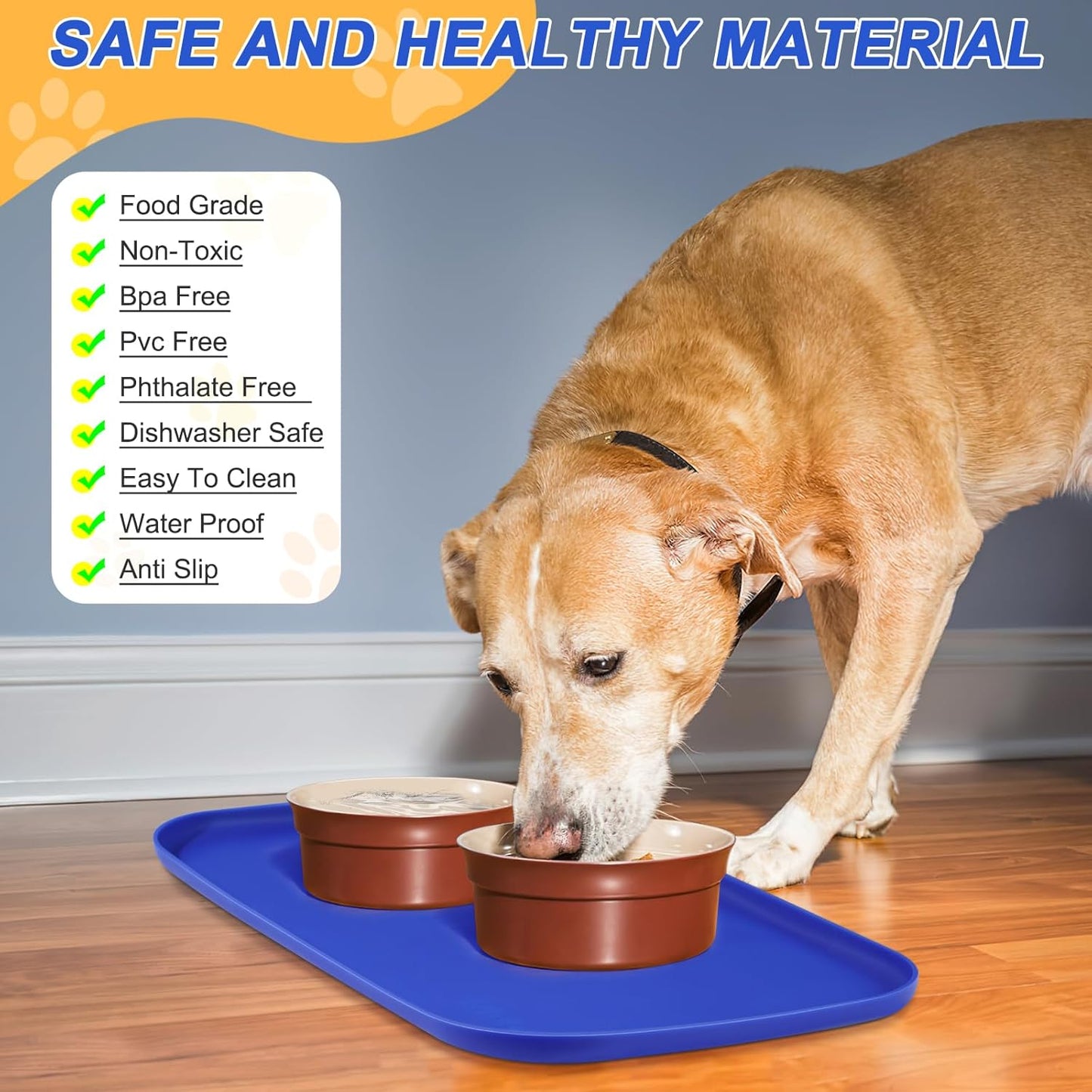 Silicone Pet Feeding Mat with Raised Edge for Food and Water, Dog Bowl Mats, Cat Bowls Placemat with High Lip for Floor Waterproof, Rubber Tray for Cats and Dogs 19 x 12 x0.7 Navy Blue