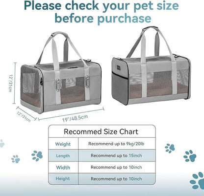 Petsfit Travel Pet Carrier for Large Cats (up to 20 lbs), Soft-Sided Dog Car Travel Carrier with Patented Buckle and Soft Padding, Ideal for Car Road Trips,19X12X12 Inch,Grey