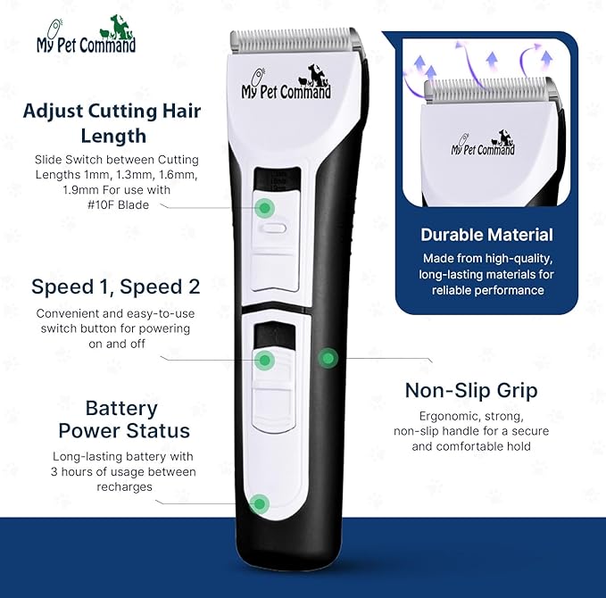 My Pet Command Professional Dog Clippers for Grooming, Cordless Rechargeable Pet Trimmers, Heavy Duty Dog Clippers for Thick Coats, Low Noise, Light Weight