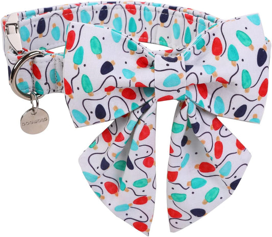 DOGWONG Christmas Dog Collar with Sailor Bow, Party Lights Dog Collar Soft Durable Adjustable Cotton Colorful Puppy Collar for Small Medium Large Dog