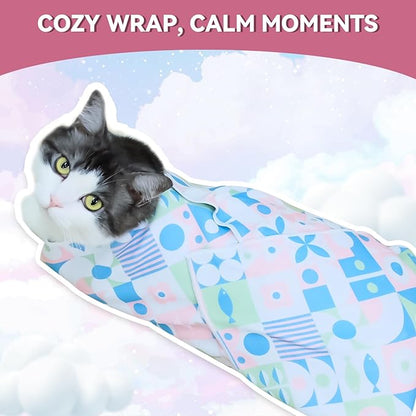 Cat Grooming Wrap for Cutting Nails, 31.5" Anti-Escape Calming Cat Swaddle Wrap for Medicine, Nail Clipping, Teeth Brushing, Ear Cleaning, Self-Adherent Burrito Restraint, (Geometric Fish, XL)