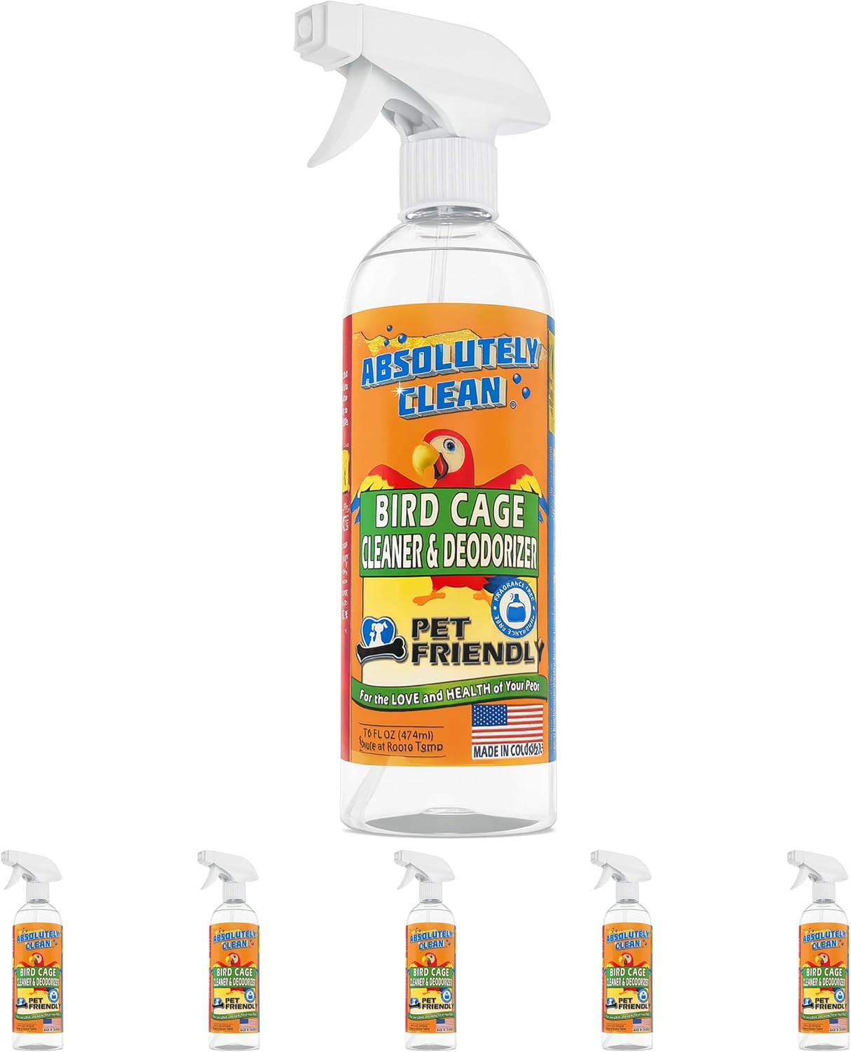 Absolutely Clean Amazing Bird Cage Cleaner and Deodorizer - Just Spray/Wipe - Safely & Easily Removes Bird Messes Quickly and Easily - Made in The US - Fragrance Free - (16oz Pack of 6)