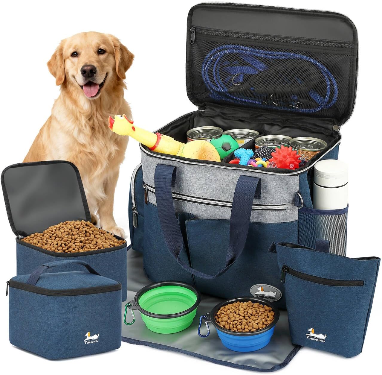 Dog Travel Bag for Pet Kit for Supplies with 2 Food Storage Containers 2 Collapsible Bowls 1 Feeding Mat 1 Dog Treat Pouch 7-Piece Set Perfect Road Trips Camping Weekend Doggy Gift, Navy Blue