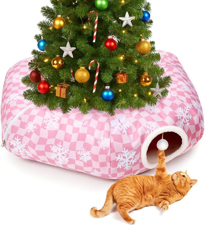 Christmas Cat Tunnel Bed Peekaboo Cat Cave Donut Under Christmas Tree Pink Checker with Snowflakes Hanging Ball Festive Decor Playground Toys Perfect for Medium Large Cats, Kittens, Rabbit, Ferret
