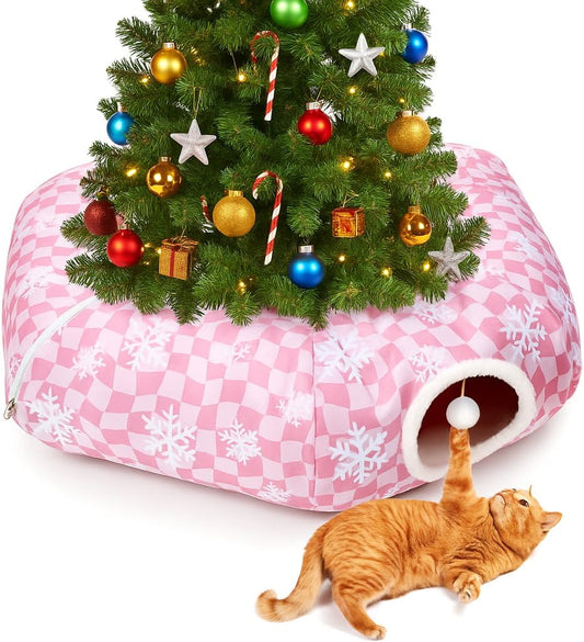 Christmas Cat Tunnel Bed Peekaboo Cat Cave Donut Under Christmas Tree Pink Checker with Snowflakes Hanging Ball Festive Decor Playground Toys Perfect for Medium Large Cats, Kittens, Rabbit, Ferret