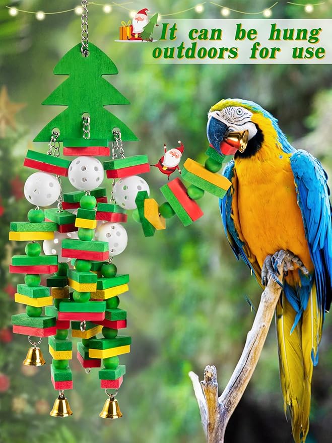 Christmas Large Bird Toy - Natural Wooden Parrots Toy with Colorful Edible Blocks for Macaws African Grey Amazon Parrots Cockatoos, Bird Chewing Toy for Gifts Playing(Green)