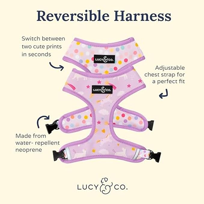 Lucy & Co. Cute Reversible Dog Harness Walking Halter - Best Designer Pet Harnesses for XS - XL Dogs - Padded Adjustable Vest for Easy Walking (Small, Unicorn Magic - Purple & Pink Unicorns)