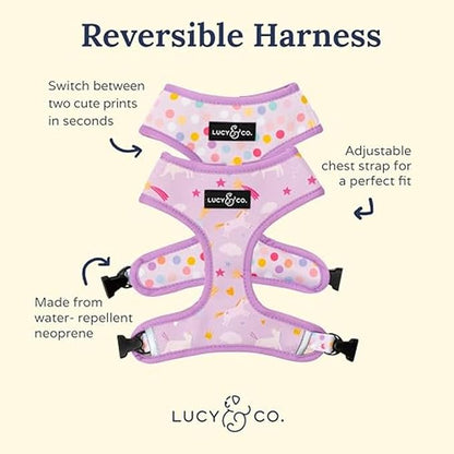 Lucy & Co. Cute Reversible Dog Harness Walking Halter - Best Designer Pet Harnesses for XS - XL Dogs - Padded Adjustable Vest for Easy Walking (Small, Unicorn Magic - Purple & Pink Unicorns)