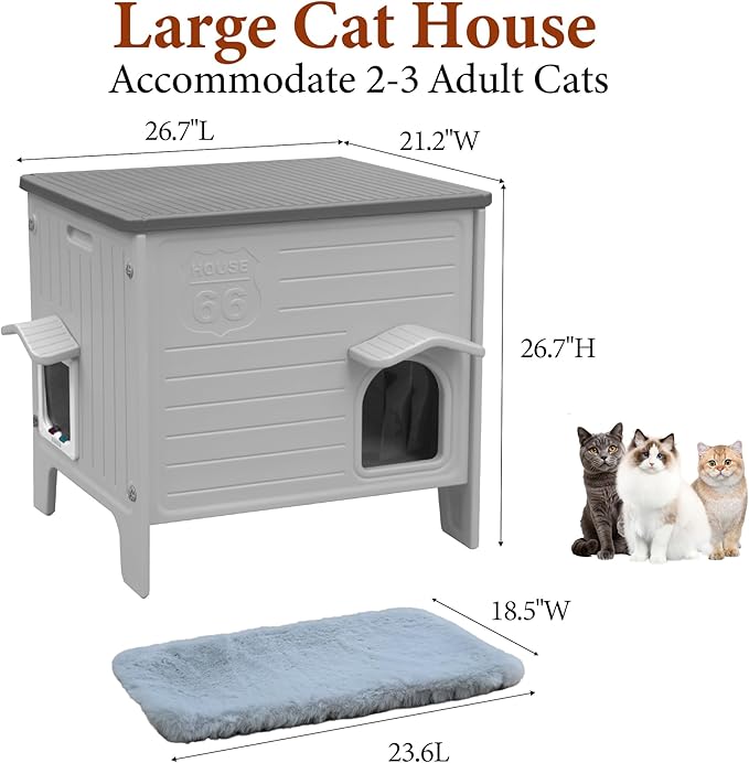 Cat House Outdoor with Cat Mat Large Weatherpoof Plastic Cats Houses with Escape Door Indoor Waterproof Feral/Pet Cat Shelter Outside for Multiple Cats (Grey)