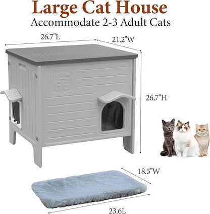 Cat House Outdoor with Cat Mat Large Weatherpoof Plastic Cats Houses with Escape Door Indoor Waterproof Feral/Pet Cat Shelter Outside for Multiple Cats (Grey)