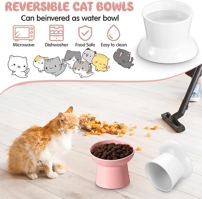 Tanlade 4 Pcs Ceramic Raised Cat Bowls, Elevated Tilted Cat Bowl, Stress Free, Backflow Prevention, Dishwasher and Microwave Safe for Indoor Kitten, Puppies(White and Pink)