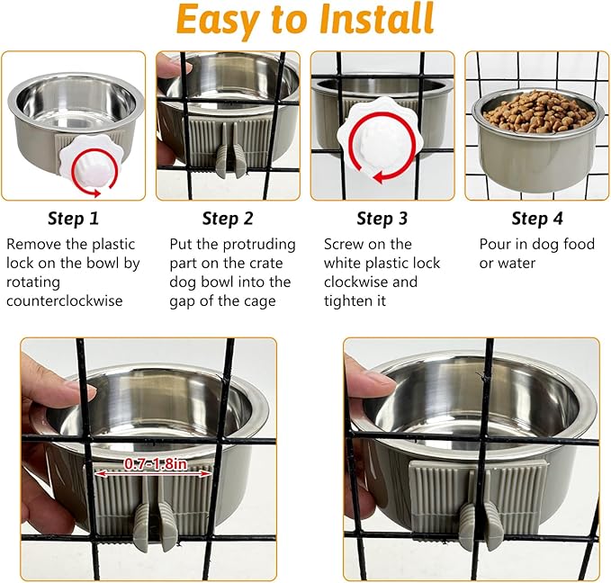 Hamiledyi Crate Dog Bowl Cat 2 Pcs Removable Stainless Steel Hanging No Spill Pet Bowl for Kennels Durable Detachable Design Fits Small Medium Dog Cages (Grey