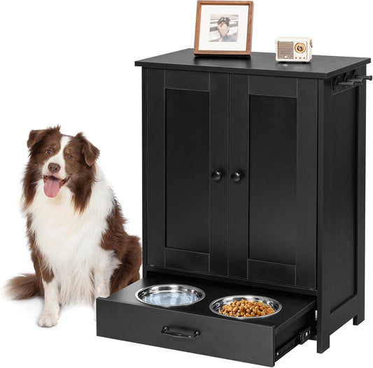 ALINE FURNITURE Dog Feeding Station with Storage Cabinet and 2 Elevated Dog Bowls, Hidden Pet Feeder Station Wood, Dog & Cat Storage Organizer, Black
