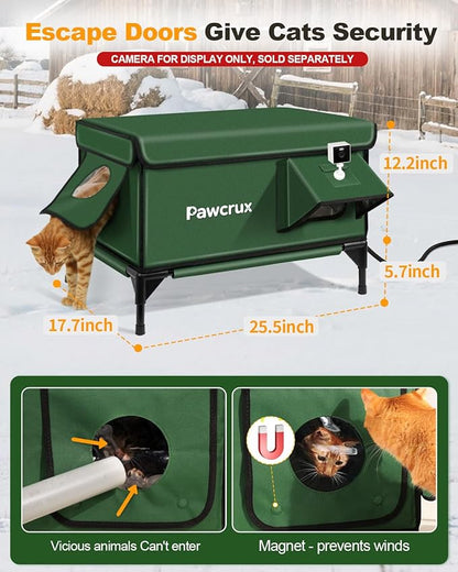 Weatherproof Heated Cat House for Outdoor in Winter, Heated Cat Bed Kitty Shelter with Cat Heating Pad, Insulated & Safe Escape Door, Warm House for Outside Stray Cat (Green, 17.7"x25.5"x17.9")